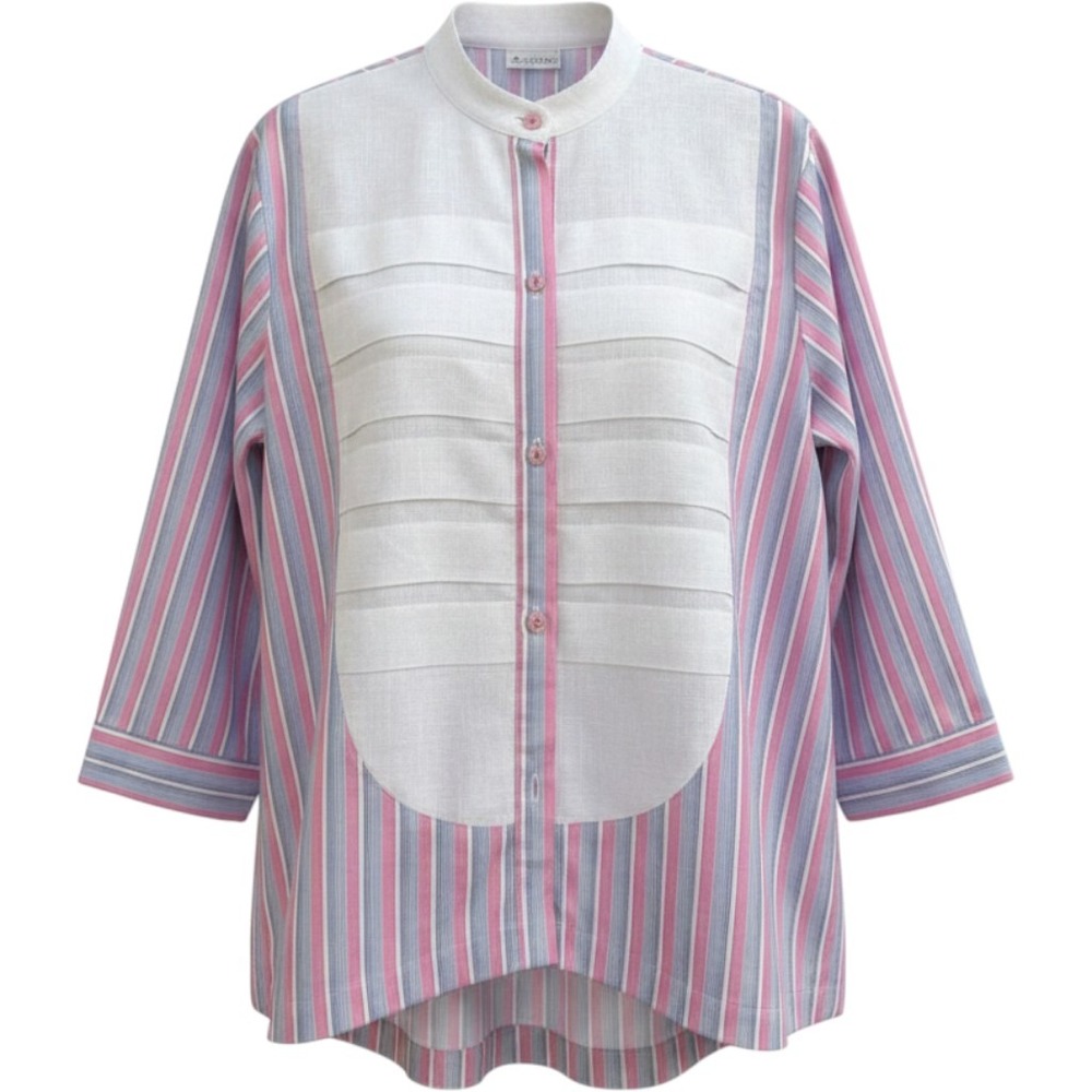 Loraincroft Pink Blue Striped Pleated Bib Mandarin Collar Blouse Medium